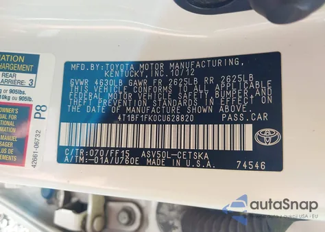 2012 Toyota Camry Se/Le/Xle z USA, uszkodzony, nr VIN 4T1BF1FK0CU628820